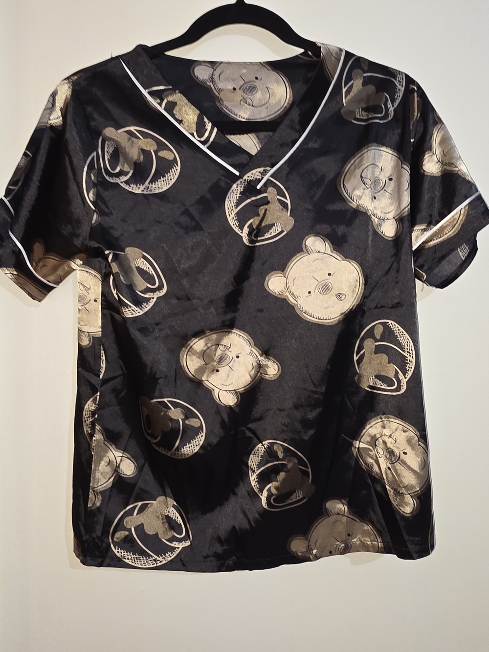 Women's Black Satin V-Neck Top with Gold Bear Print